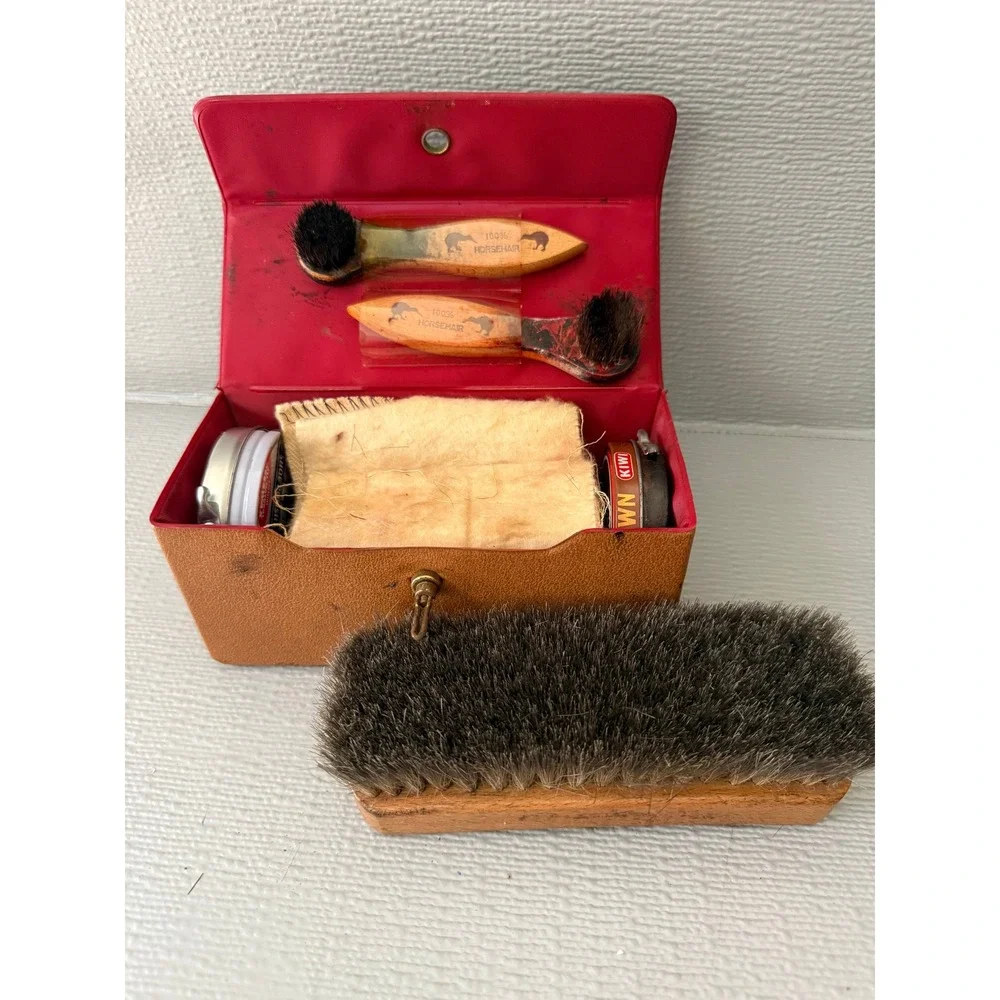 Vintage Kiwi Shoe Shine Kit‎ Horsehair Brushes Polish Travel Case